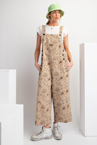 Easel Floral Print Twill Overalls in Faded Olive Overalls Easel   