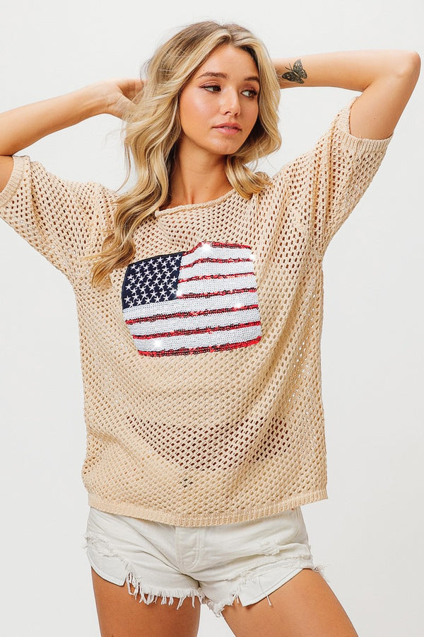 BiBi Open Knit Top with Sequin American Flag Patch on Front in Oatmeal Shirts & Tops BiBi   