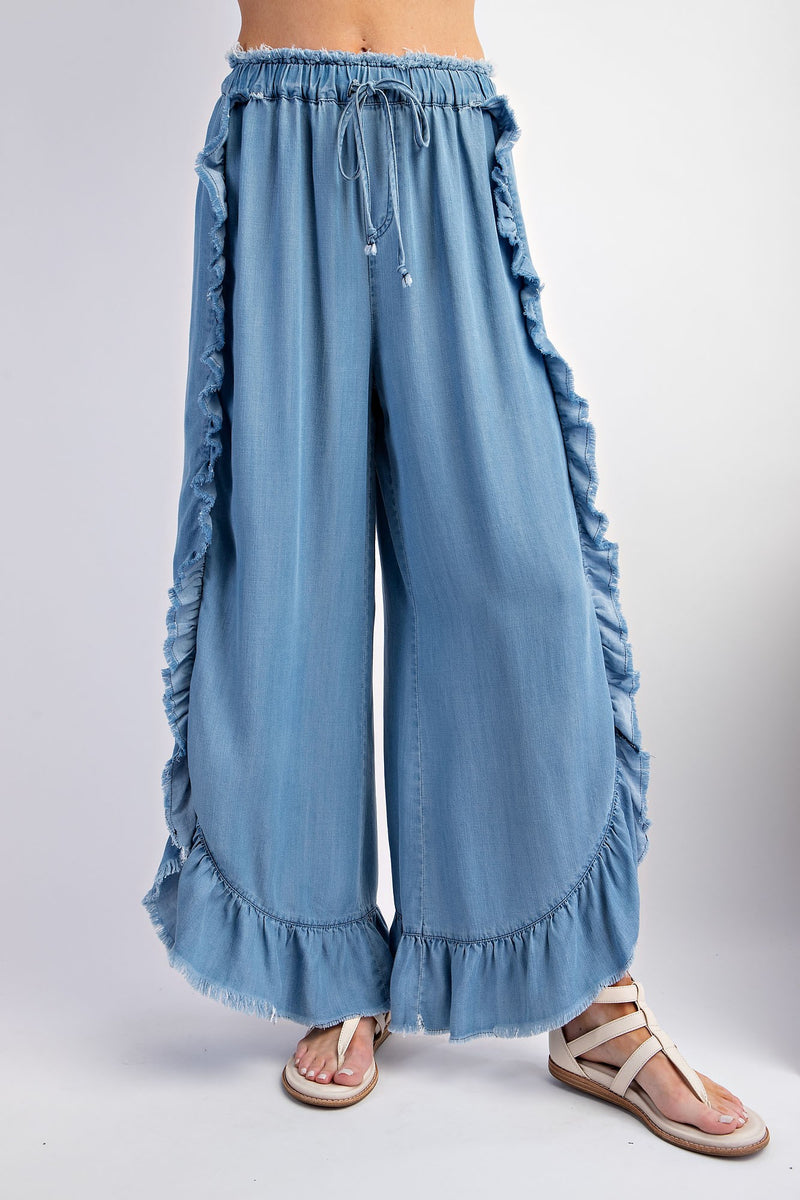 Easel Chambray Pants with Ruffle Details in Light Denim ON ORDER