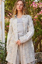 Load image into Gallery viewer, POL OVERSIZED Textured Denim Shacket with Open Crochet and Floral Print Patches in Denim Floral Multi