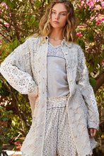 Load image into Gallery viewer, POL OVERSIZED Textured Denim Shacket with Open Crochet and Floral Print Patches in Denim Floral Multi