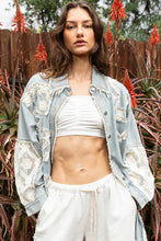 Load image into Gallery viewer, POL Oversized Distressed Crochet Patch and Denim Shacket in Striped Denim/Ivory