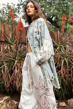 Load image into Gallery viewer, POL Oversized Distressed Crochet Patch and Denim Shacket in Striped Denim/Ivory