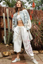 Load image into Gallery viewer, POL Oversized Distressed Crochet Patch and Denim Shacket in Striped Denim/Ivory