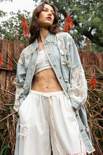Load image into Gallery viewer, POL Oversized Distressed Crochet Patch and Denim Shacket in Striped Denim/Ivory