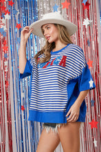 Load image into Gallery viewer, Peach Love "AMERICA" Rhinestone Towel Letter Patched Top in Blue Multi