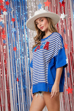 Load image into Gallery viewer, Peach Love "AMERICA" Rhinestone Towel Letter Patched Top in Blue Multi