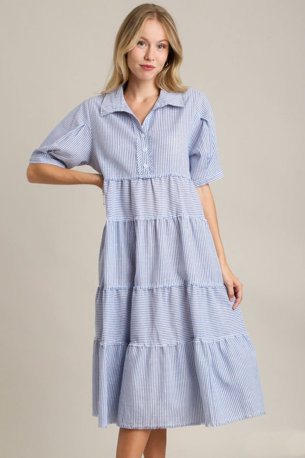 Umgee Stripe Patterned Tiered A-Line Maxi Dress in Blue ON ORDER Dress Umgee   