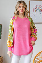 Load image into Gallery viewer, 7th Ray Textured Knit Top with Floral Print Contrast Sleeves in Fondant Pink