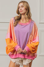 Load image into Gallery viewer, BiBi Color Block French Terry Top in Lavender/Peach/Fuchsia Shirts & Tops BiBi