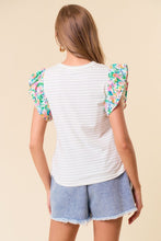 Load image into Gallery viewer, Doe & Rae Striped Top with Contrasting Floral Print Sleeves in Sage Stripe