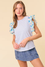 Load image into Gallery viewer, Doe & Rae Striped Top with Contrasting Floral Print Sleeves in Royal Stripe