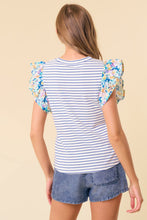 Load image into Gallery viewer, Doe & Rae Striped Top with Contrasting Floral Print Sleeves in Royal Stripe