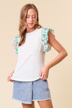 Load image into Gallery viewer, Doe & Rae Striped Top with Contrasting Floral Print Sleeves in Sage Stripe
