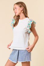 Load image into Gallery viewer, Doe & Rae Striped Top with Contrasting Floral Print Sleeves in Sage Stripe