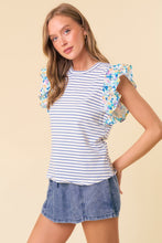 Load image into Gallery viewer, Doe & Rae Striped Top with Contrasting Floral Print Sleeves in Royal Stripe