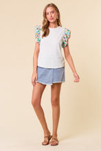 Load image into Gallery viewer, Doe & Rae Striped Top with Contrasting Floral Print Sleeves in Sage Stripe