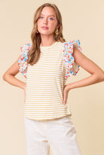 Load image into Gallery viewer, Doe & Rae Striped Top with Contrasting Floral Print Sleeves in Honey Stripe