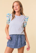 Load image into Gallery viewer, Doe & Rae Striped Top with Contrasting Floral Print Sleeves in Royal Stripe