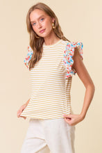Load image into Gallery viewer, Doe & Rae Striped Top with Contrasting Floral Print Sleeves in Honey Stripe