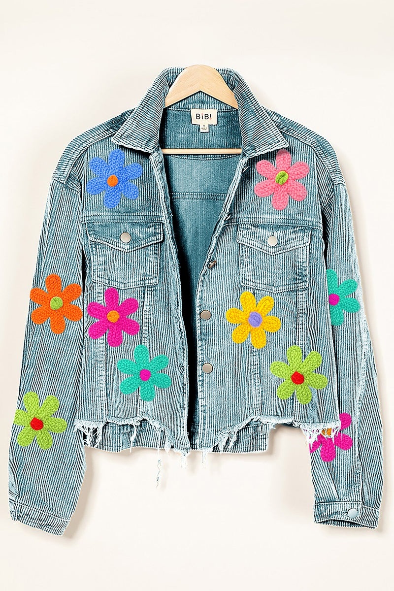 BiBi Corduroy Jacket with Multi Colored Flower Crochet Patches in