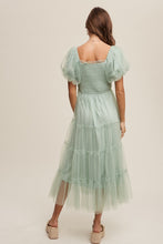 Load image into Gallery viewer, Listicle Smocked Bodice Tiered Mesh Maxi Dress in Mint