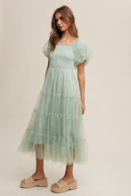 Load image into Gallery viewer, Listicle Smocked Bodice Tiered Mesh Maxi Dress in Mint