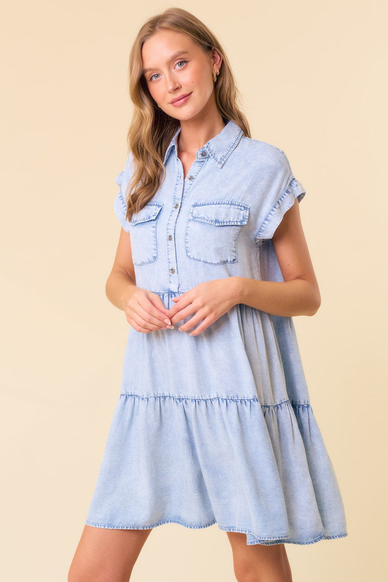 white christmas dresses Doe and Rae Tiered Tencel Mini Dress in Light Denim – June Adel