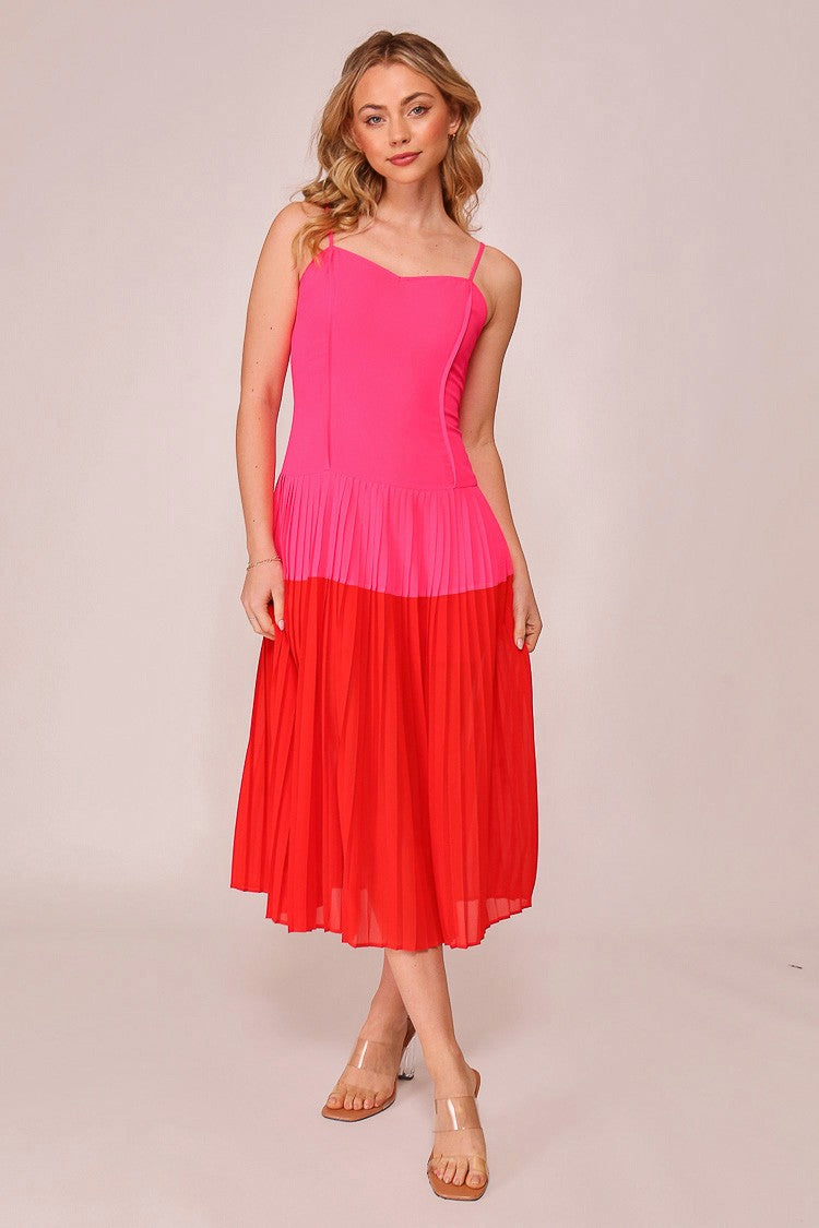 color block pleated midi dress Color Block Pleated Midi Dress, L