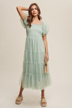 Load image into Gallery viewer, Listicle Smocked Bodice Tiered Mesh Maxi Dress in Mint