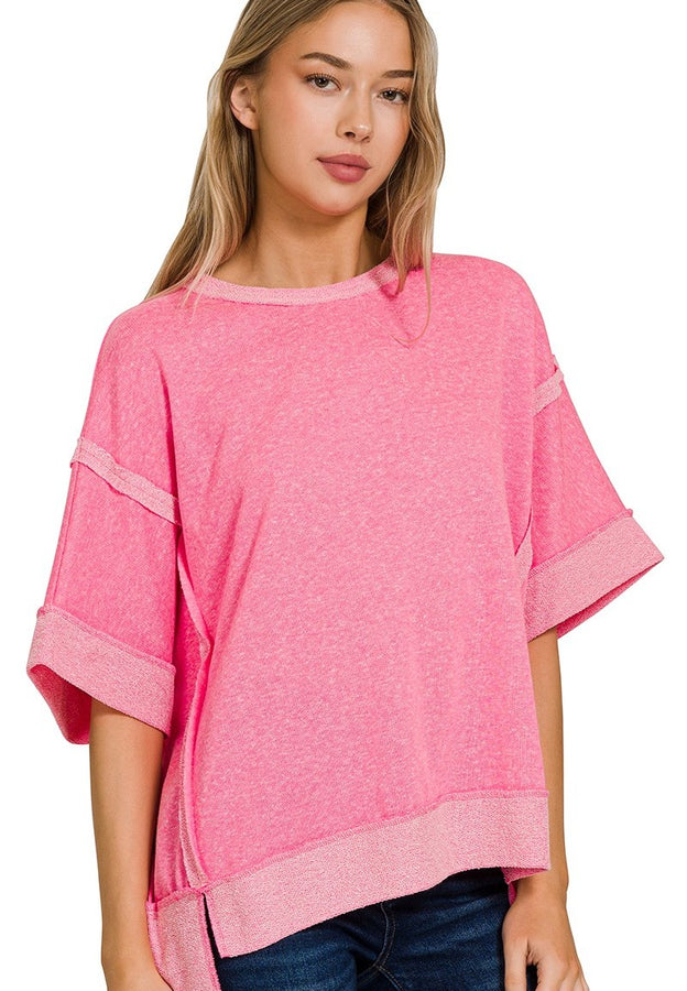 Solid Color Mineral Washed Contrasting Trim Top in Fuchsia Shirts & Tops Zenana   