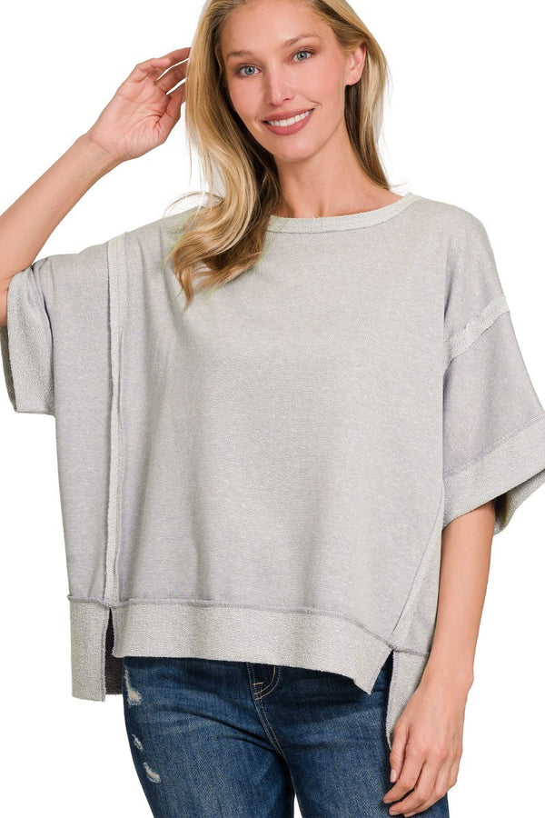 Solid Color Mineral Washed Contrasting Trim Top in Light Grey Shirts & Tops Zenana   
