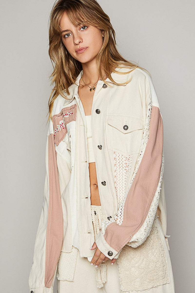 POL Crochet Patch Exposed Seam Button Up Jacket main image 1
