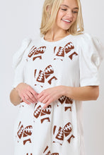 Load image into Gallery viewer, Peach Love Terry Knit Mini Dress with Football Bow Patches in White