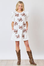 Load image into Gallery viewer, Peach Love Terry Knit Mini Dress with Football Bow Patches in White