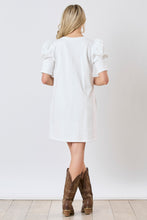 Load image into Gallery viewer, Peach Love Terry Knit Mini Dress with Football Bow Patches in White