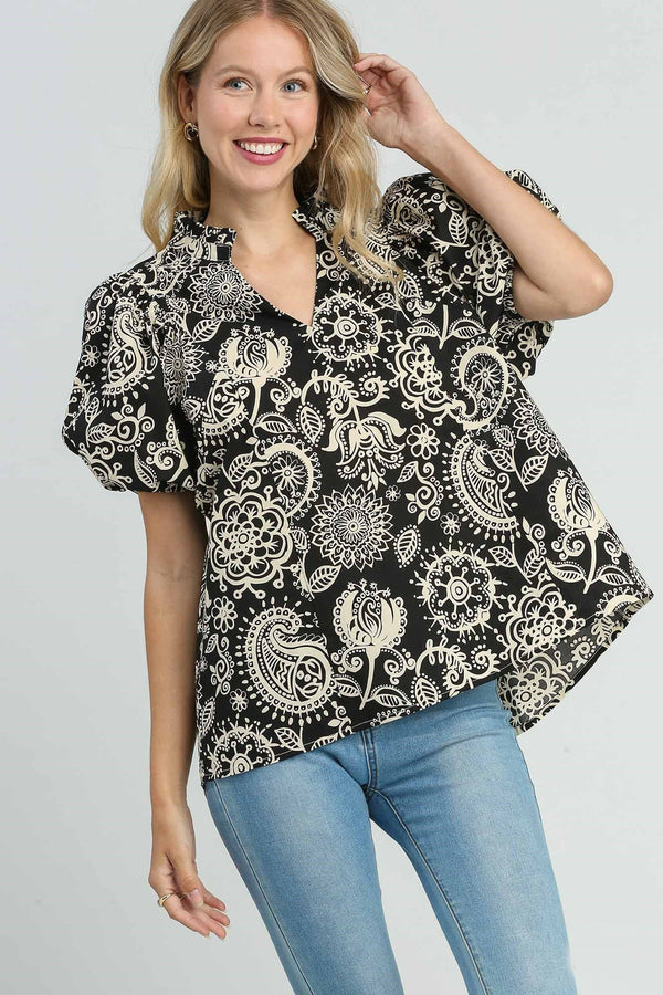 Umgee Two Tone Paisley Print Top in Black ON ORDER Shirts & Tops Umgee   