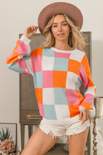 Load image into Gallery viewer, BiBi Multi-Colored Checkered Lightweight Sweater in Orange/Pink/Denim