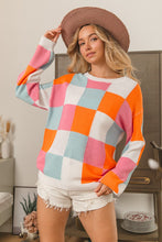 Load image into Gallery viewer, BiBi Multi-Colored Checkered Lightweight Sweater in Orange/Pink/Denim