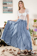Load image into Gallery viewer, BlueVelvet Mineral Washed Denim Skirt with Raw Frayed Seams in Dark Denim