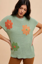 Load image into Gallery viewer, AnnieWear Lightweight Sweater Top with Large Flower Embroidery in Sage FINAL SALE