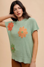 Load image into Gallery viewer, AnnieWear Lightweight Sweater Top with Large Flower Embroidery in Sage FINAL SALE