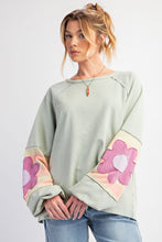 Load image into Gallery viewer, Easel Terry Knit Pullover Top with Flower Patch Details in Sage