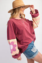 Load image into Gallery viewer, Easel Terry Knit Pullover Top with Flower Patch Details in Vintage Wine