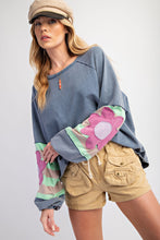 Load image into Gallery viewer, Easel Terry Knit Pullover Top with Flower Patch Details in Washed Denim