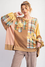 Load image into Gallery viewer, Easel Mixed Fabric Top with Daisy Patches in Mocha Combo FINAL SALE