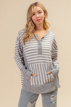 Load image into Gallery viewer, BiBi Thermal Knit Henley Stripe Pattern Top in Grey
