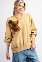 Load image into Gallery viewer, Easel Terry Knit Top with Plaid Flower Patches in Camel