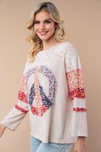 Load image into Gallery viewer, White Birch Lightweight Peace Sign Patch Top in Tan Multi