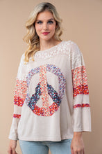 Load image into Gallery viewer, White Birch Lightweight Peace Sign Patch Top in Tan Multi